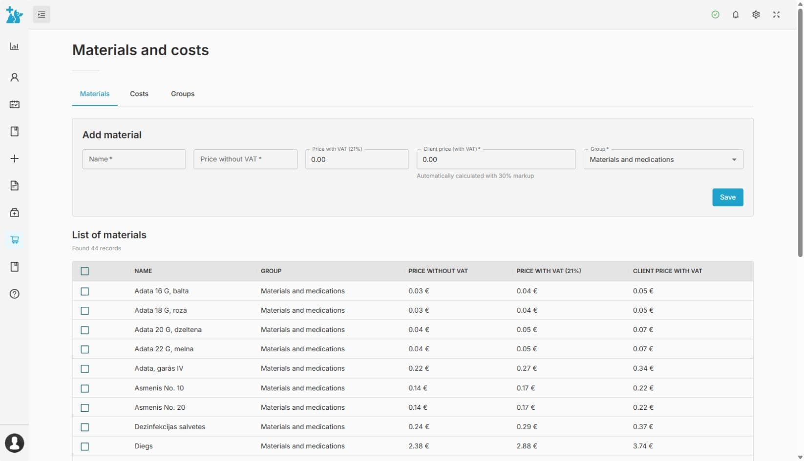 Materials and cost items — veterinary clinic software screenshot