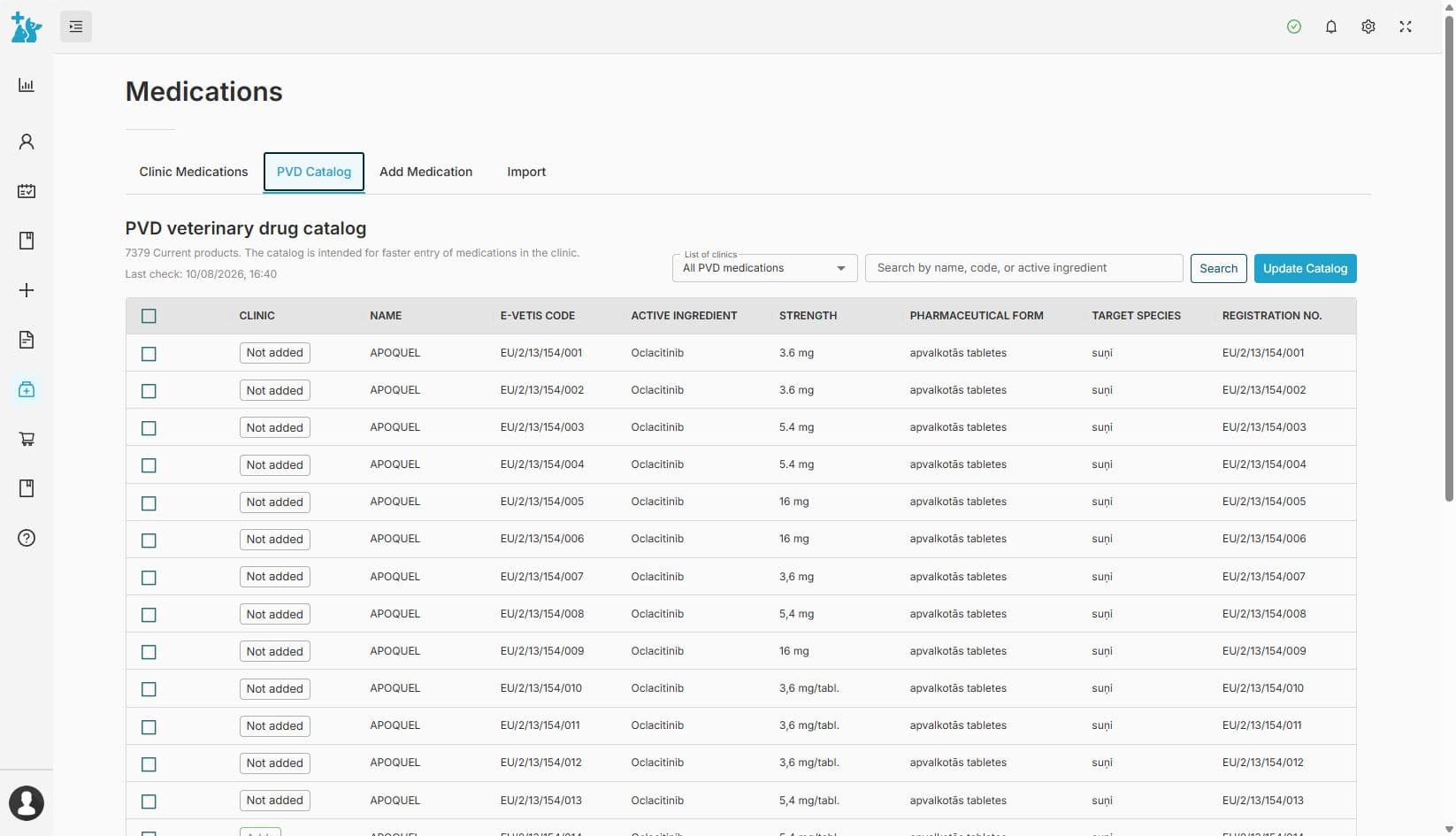 FVS medicine catalogue in the system — veterinary clinic software screenshot