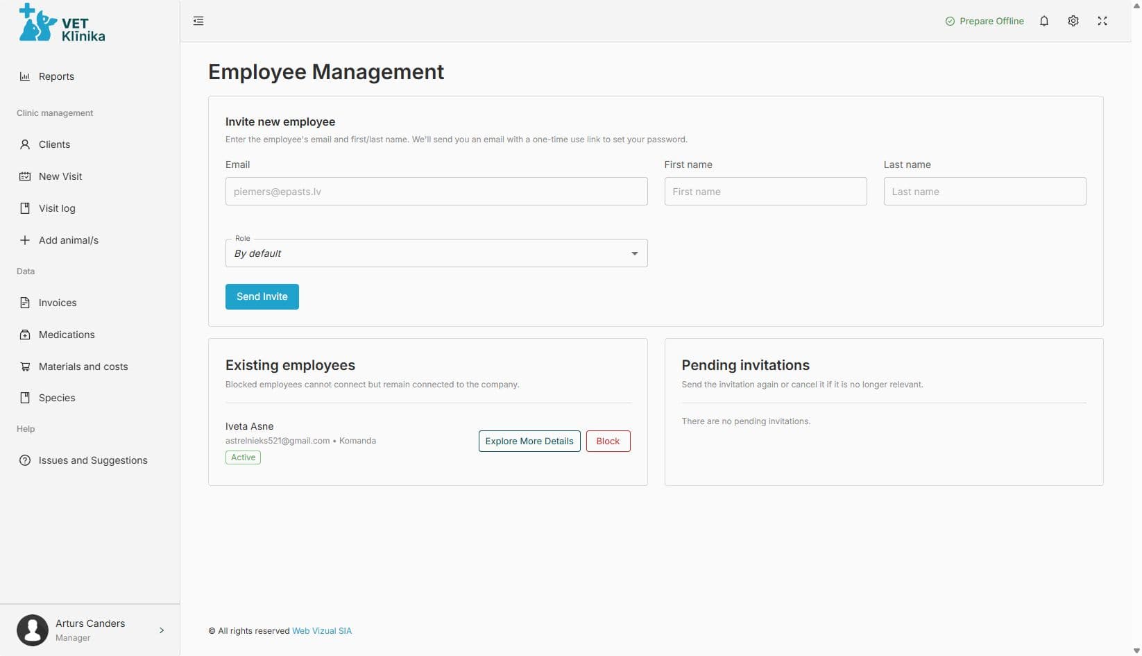 Team, roles and access permissions — veterinary clinic software screenshot