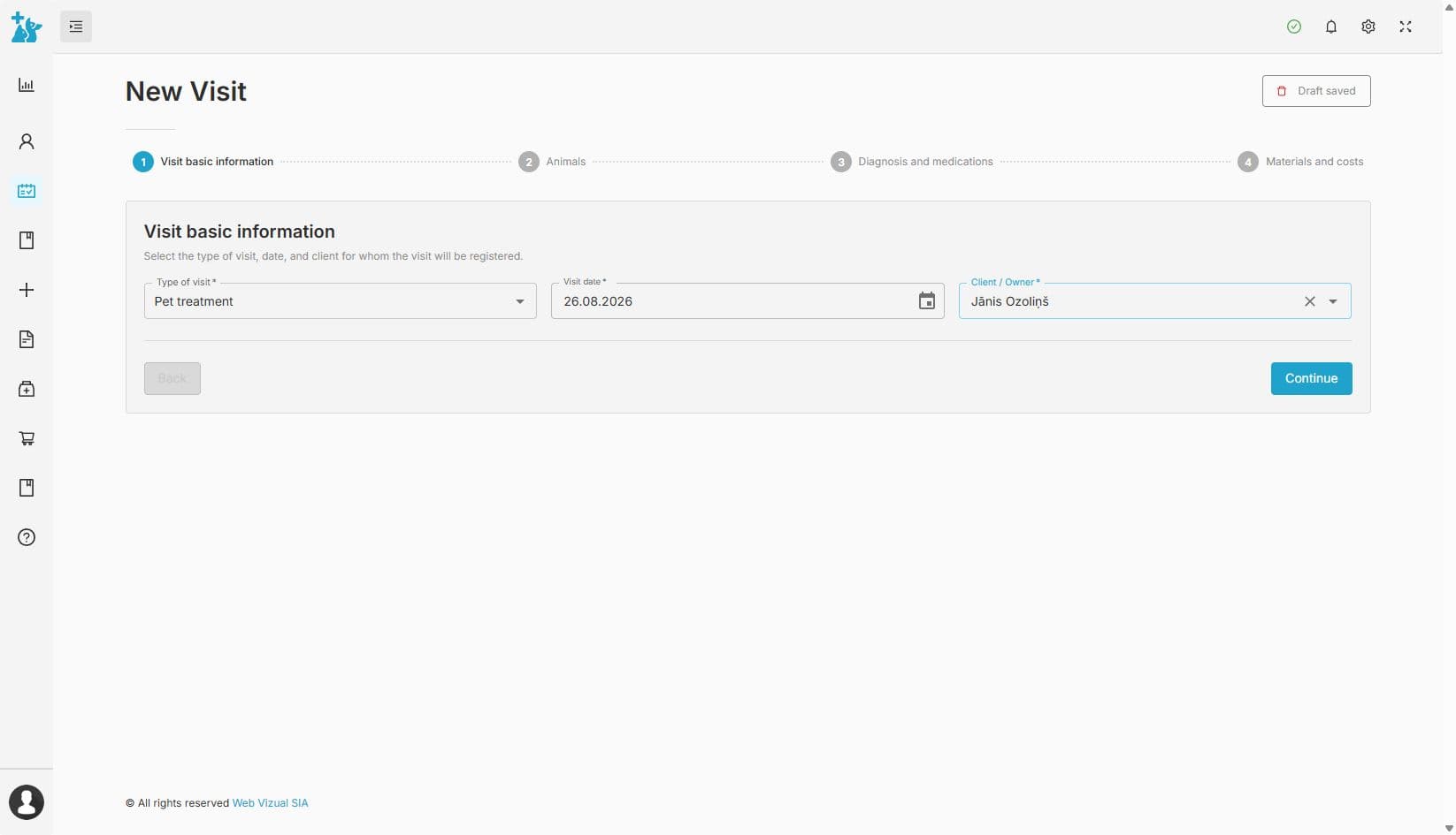 A structured new-visit workflow — veterinary clinic software screenshot