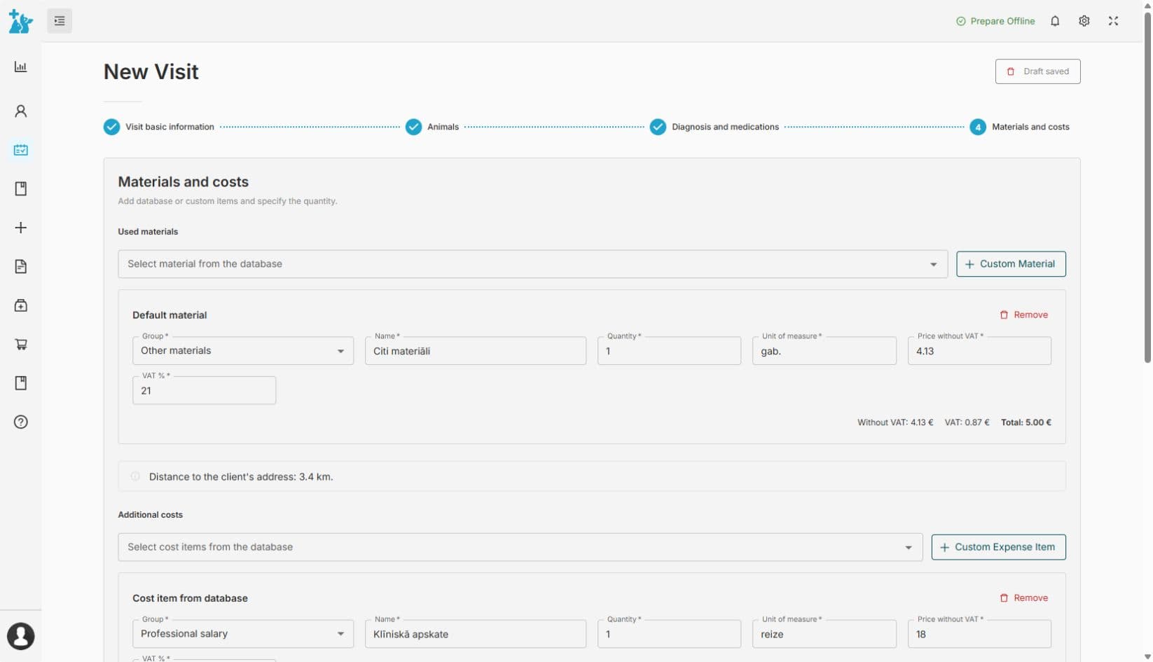 Visit costs without duplicate entry — veterinary clinic software screenshot