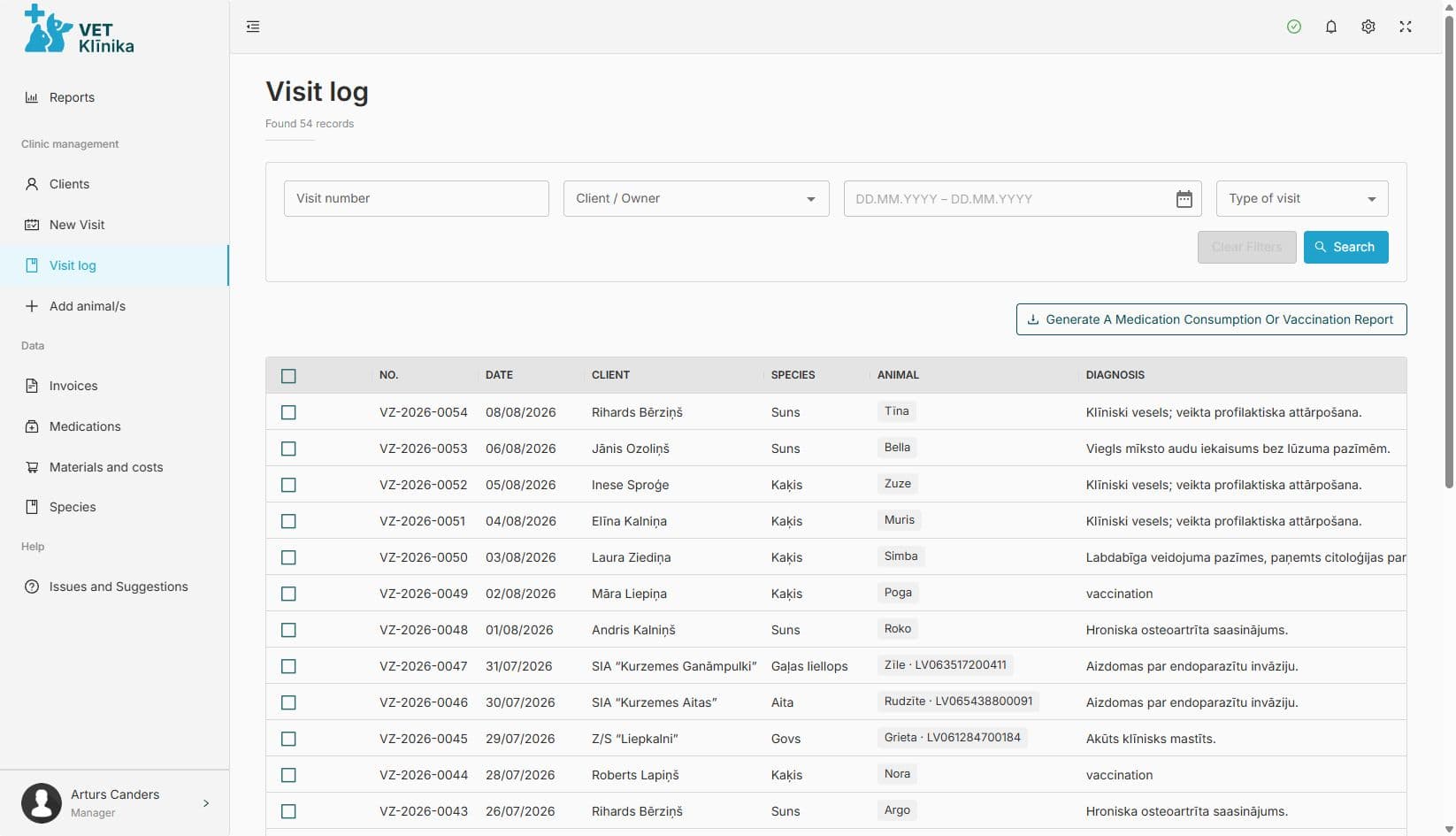 A clear visit log — veterinary clinic software screenshot