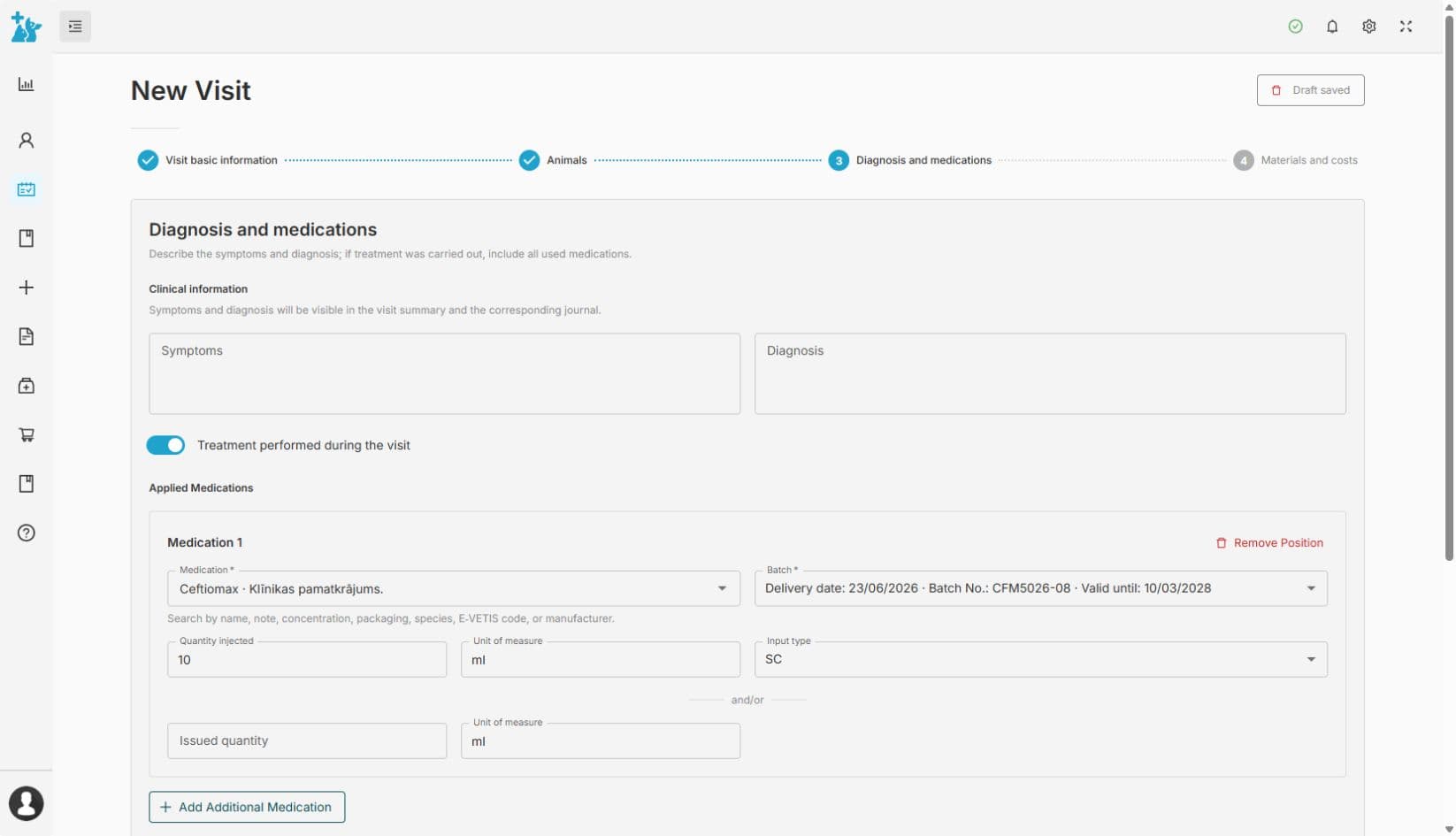Treatment progress and medicines — veterinary clinic software screenshot