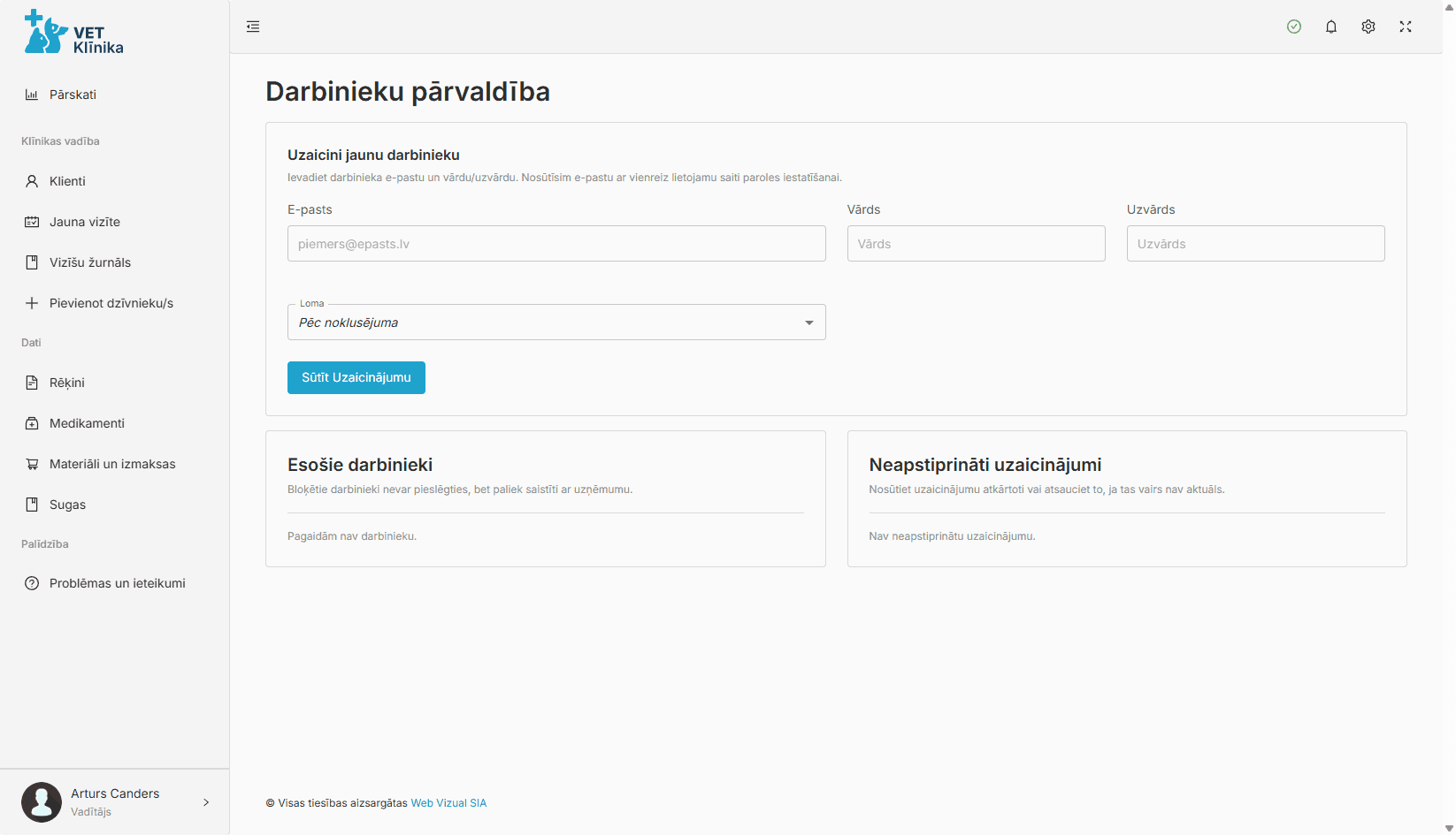 Komanda, lomas un piekļuves tiesības — veterinārās klīnikas programmas ekrānattēls