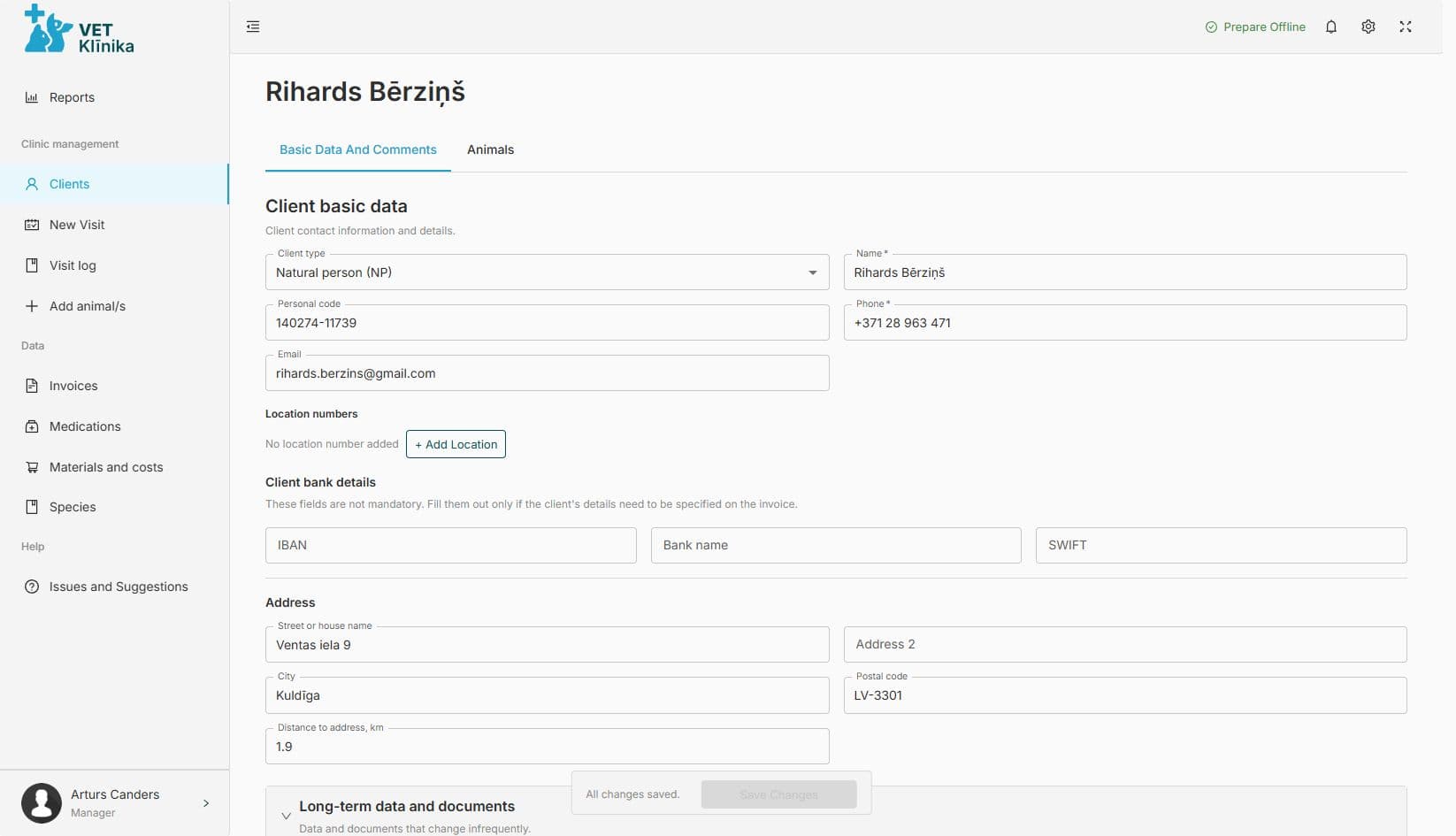 A client and their animals in one place — veterinary clinic software screenshot