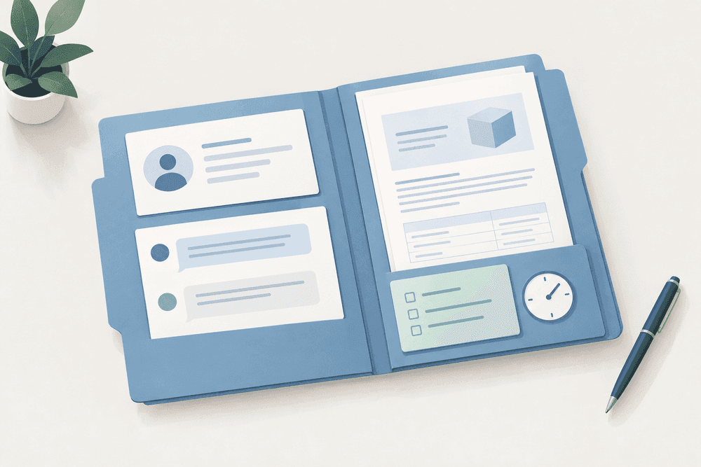 Overhead illustration of an open blue folder containing a contact card, conversation bubbles, a document and a checklist beside a small clock.