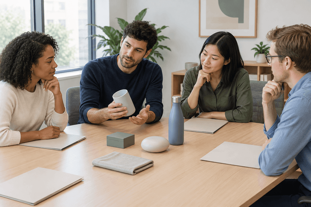 Four colleagues around a meeting table, illustrating a discussion of CRM requirements and tailored business software.