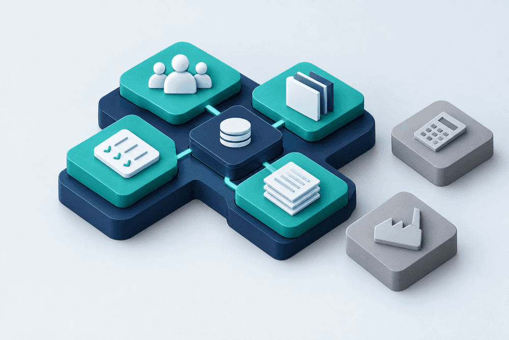Isometric illustration of four teal modules showing people, folders, a checklist and documents connected to a central database, beside separate grey calculator and factory modules.