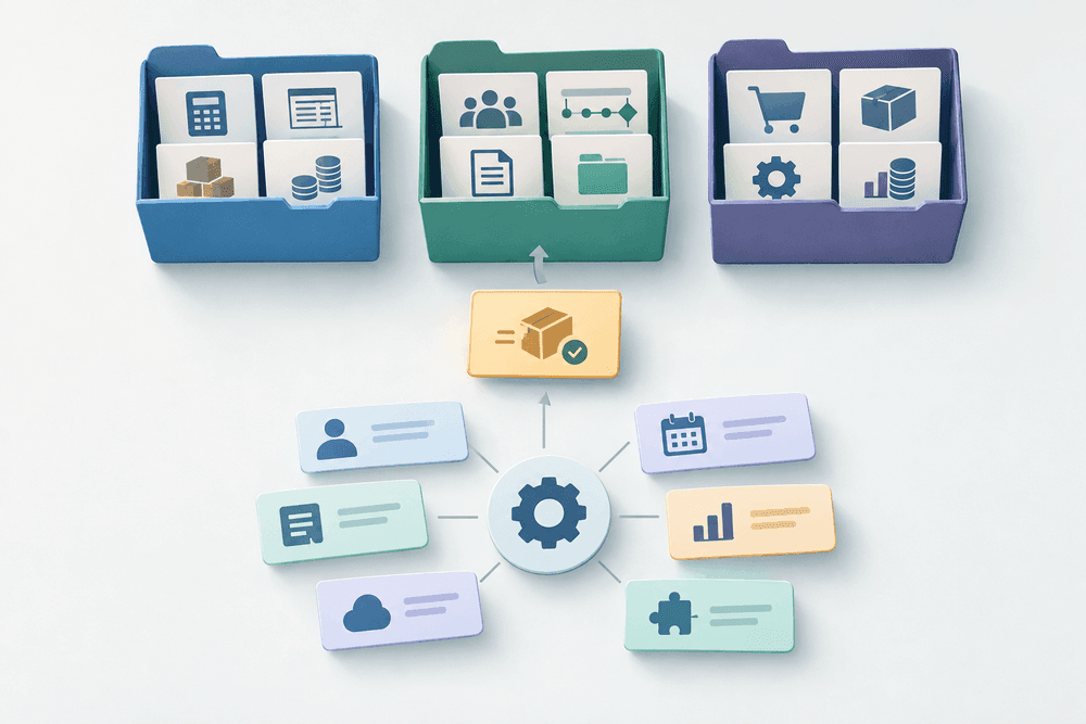 Three equally sized colored folders contain accounting, customer, project, order and inventory symbols. Below them, a highlighted parcel card sits above a gear connected to six modular cards.